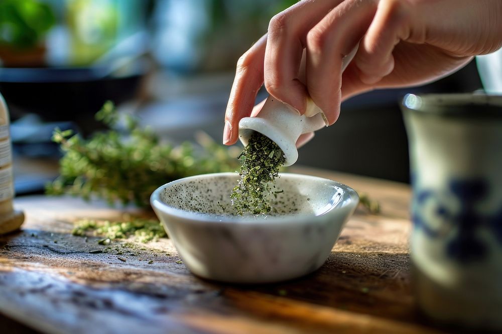 Hand use a white roller to grind herbs medicine food ingredient. AI generated Image by rawpixel.
