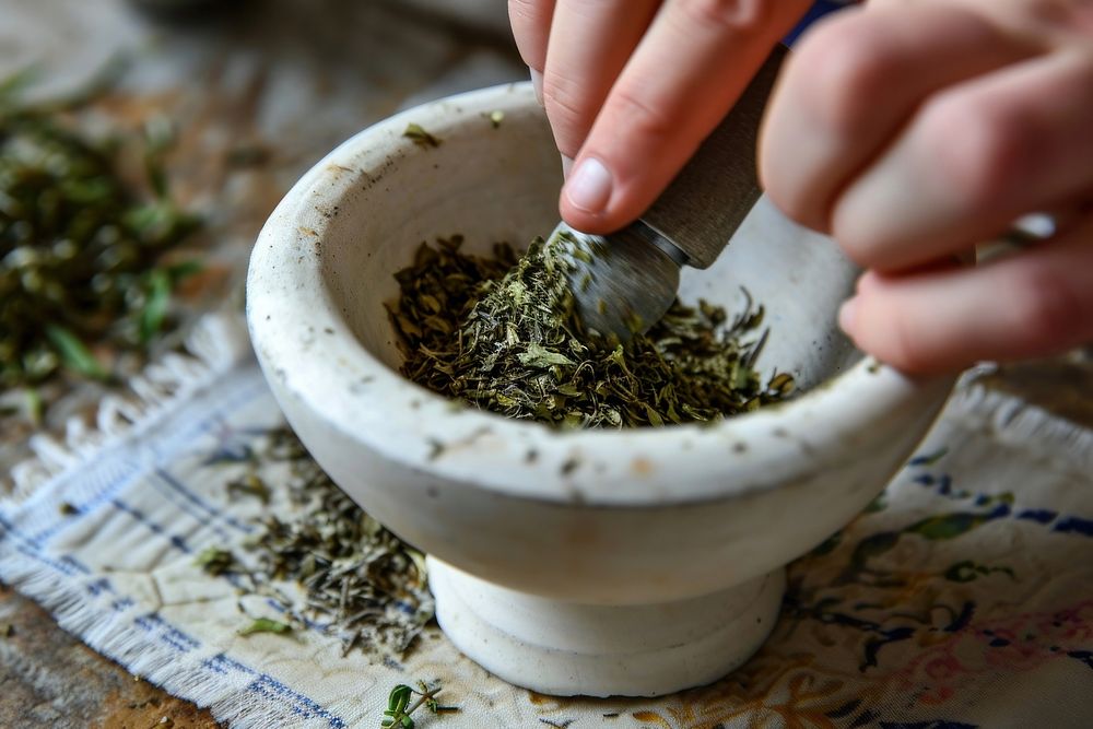 Hand use a white roller to grind herbs medicine spice food. AI generated Image by rawpixel.
