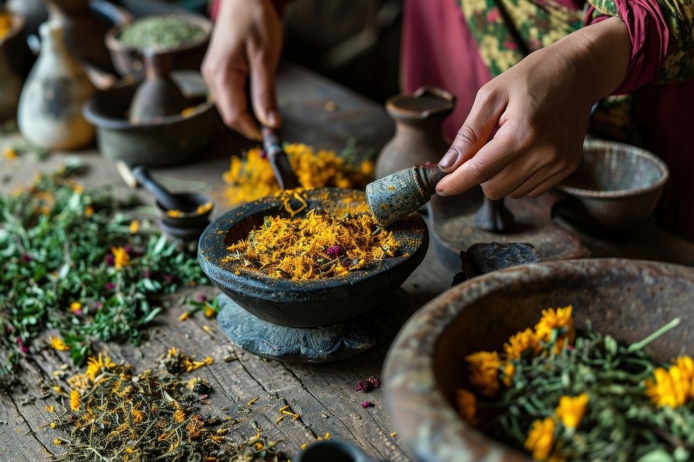 Hand on grind herb for made traditional medicine food ingredient vegetable. AI generated Image by rawpixel.
