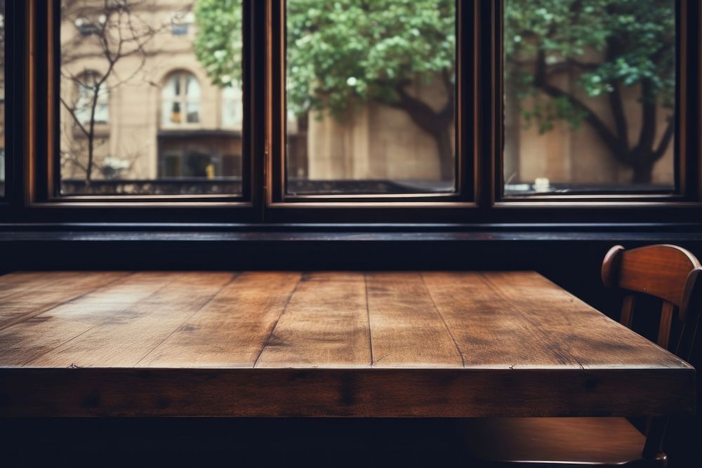 Wooden table furniture hardwood window. AI generated Image by rawpixel.