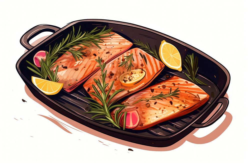 Grill pan with salmon fish steaks rosemary seafood herb. AI generated Image by rawpixel.