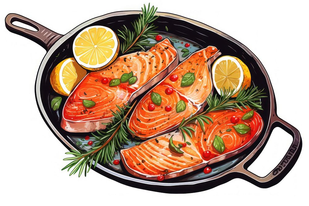 Grill pan with salmon fish steaks rosemary seafood lemon. AI generated Image by rawpixel.