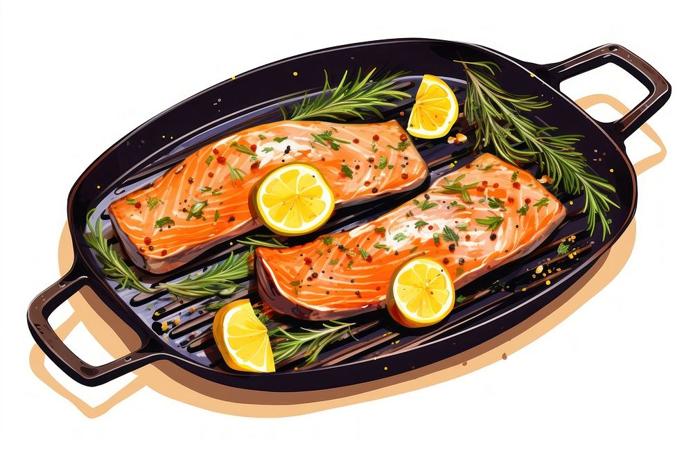 Grill pan with salmon fish steaks rosemary seafood lemon. AI generated Image by rawpixel.