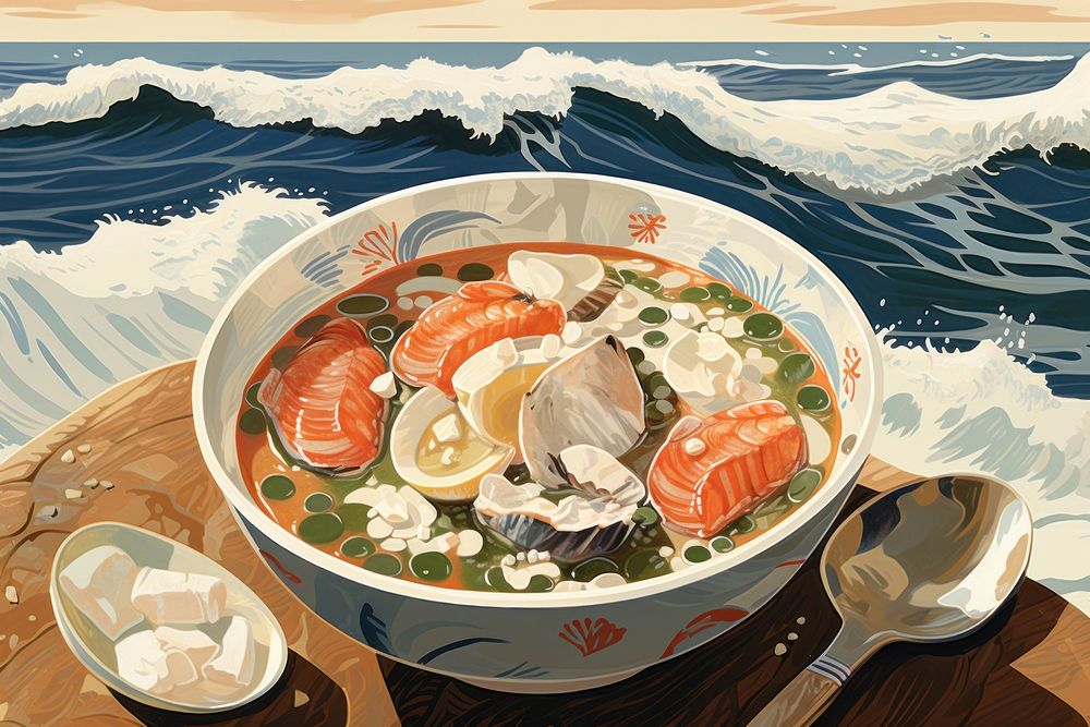 Instant creamy seafood soup plate dish bowl. AI generated Image by rawpixel.