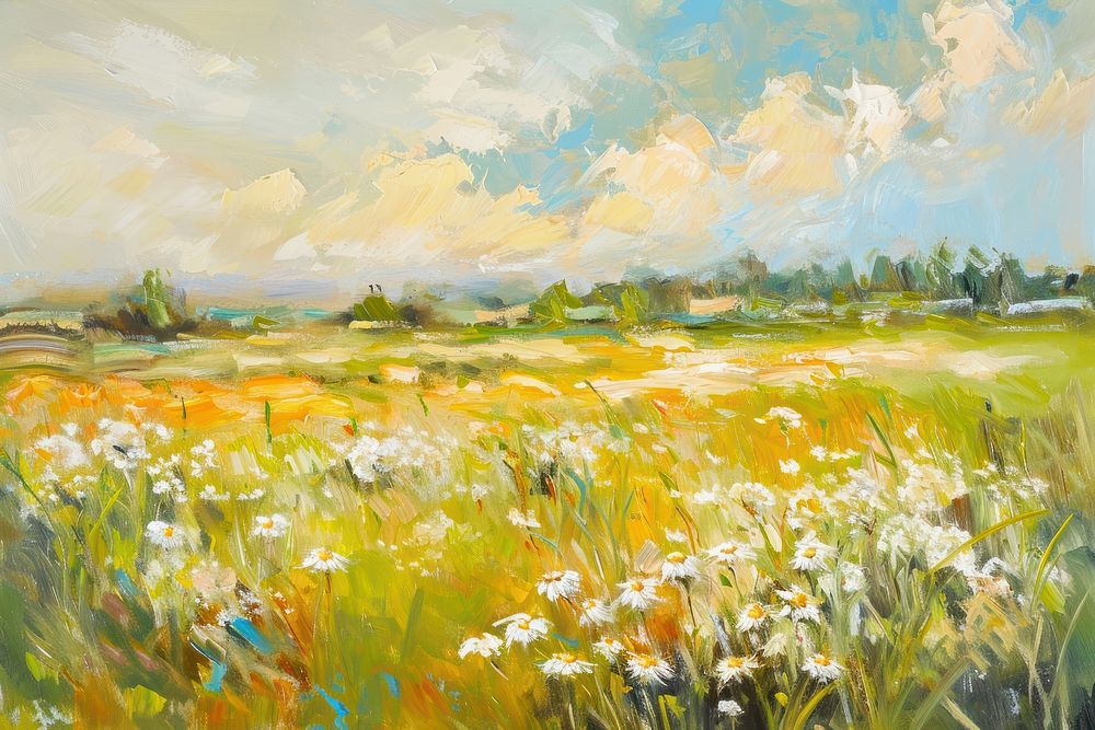 Daisy painting field landscape. 