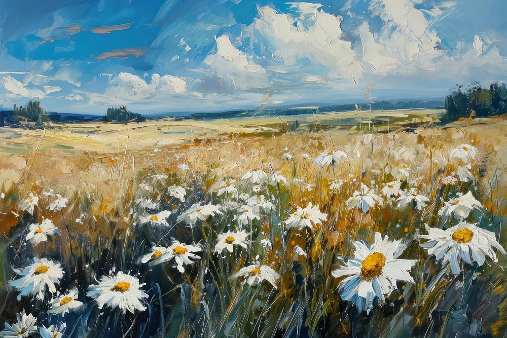 Daisy landscape painting outdoors. 