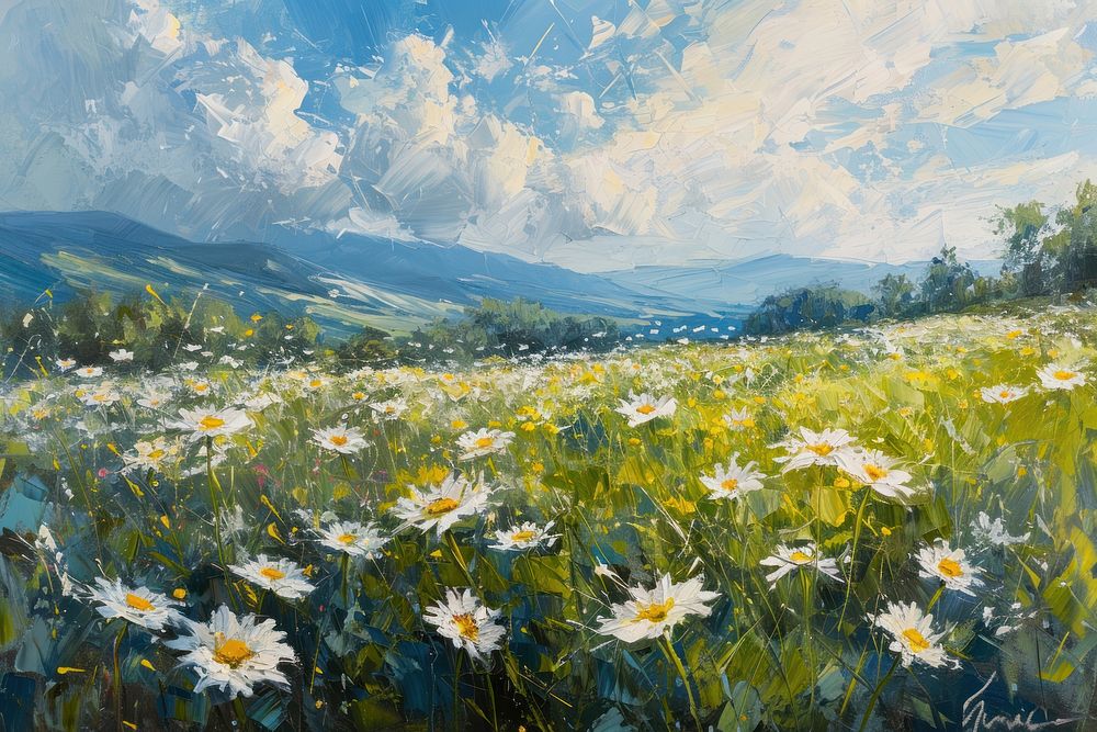 Daisy landscape painting field. AI generated Image by rawpixel.