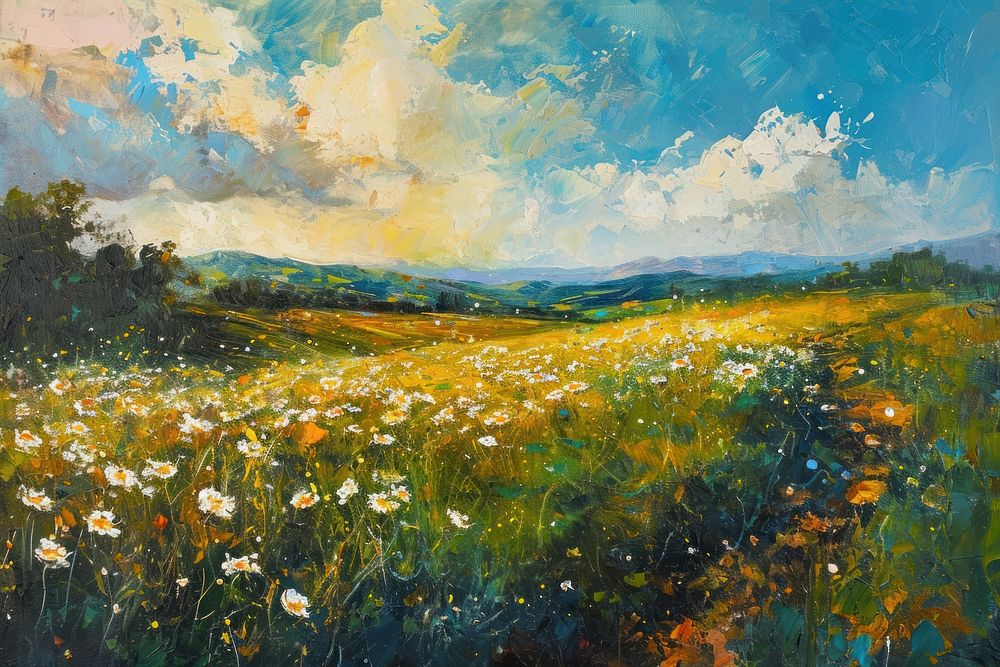Daisy painting field landscape. AI generated Image by rawpixel.