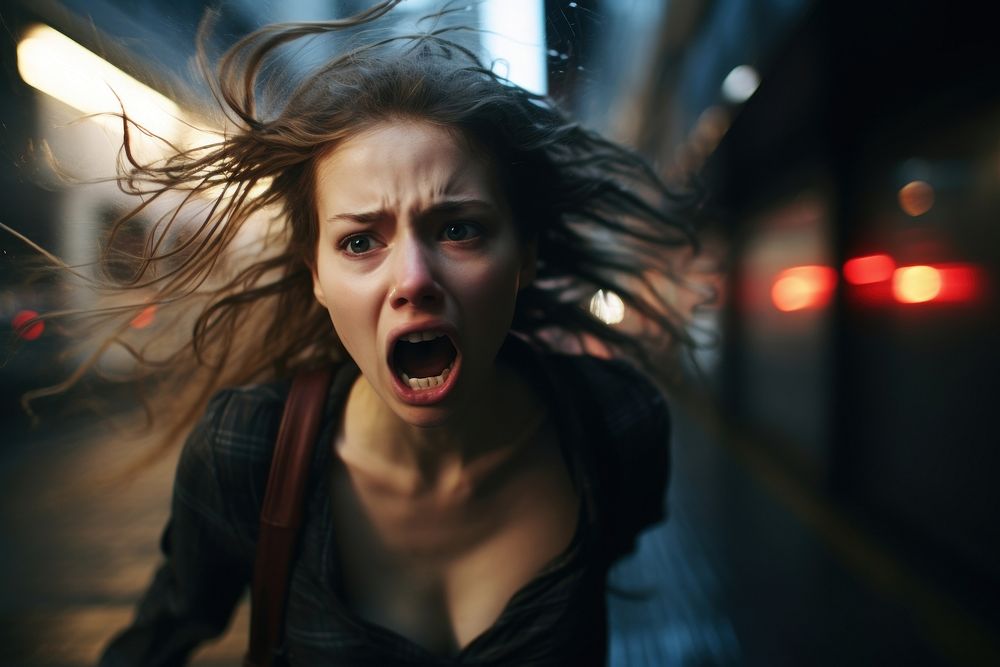 Girl cry at street shouting motion frustration. AI generated Image by rawpixel.