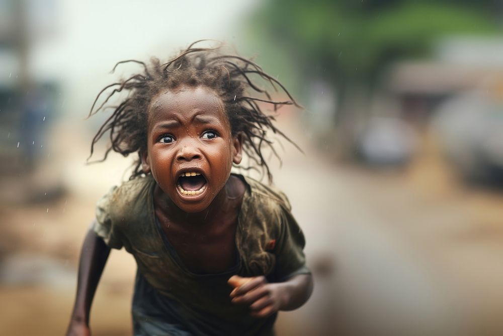 Little african girl cry at street in africa photography shouting motion. AI generated Image by rawpixel.