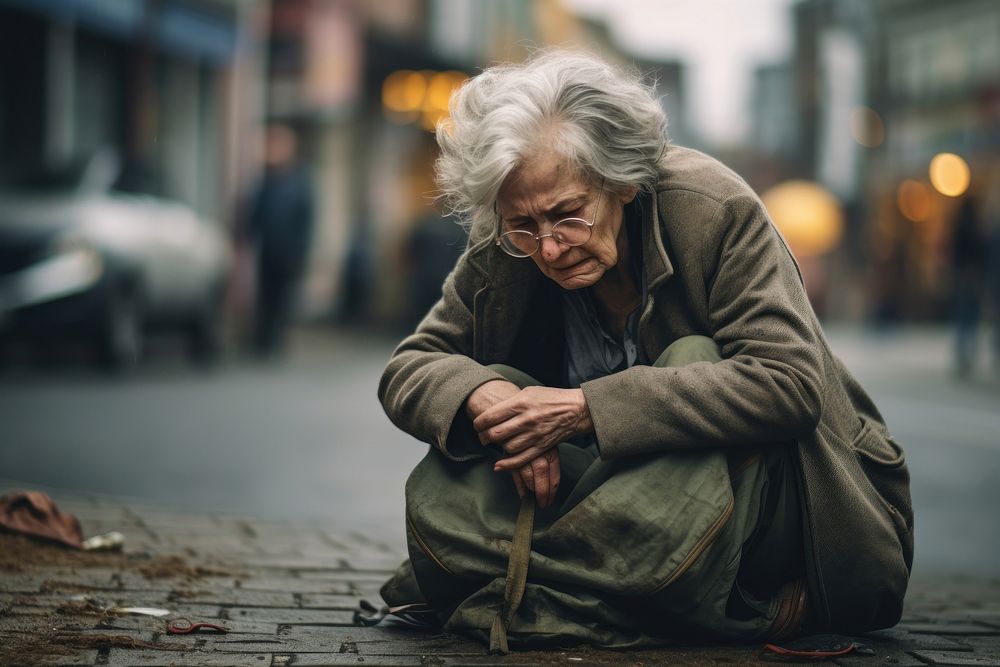Senior lady sit and cry at street worried adult disappointment. AI generated Image by rawpixel.