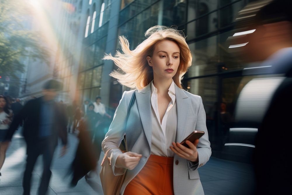 Woman using smartphone motion street adult. AI generated Image by rawpixel.