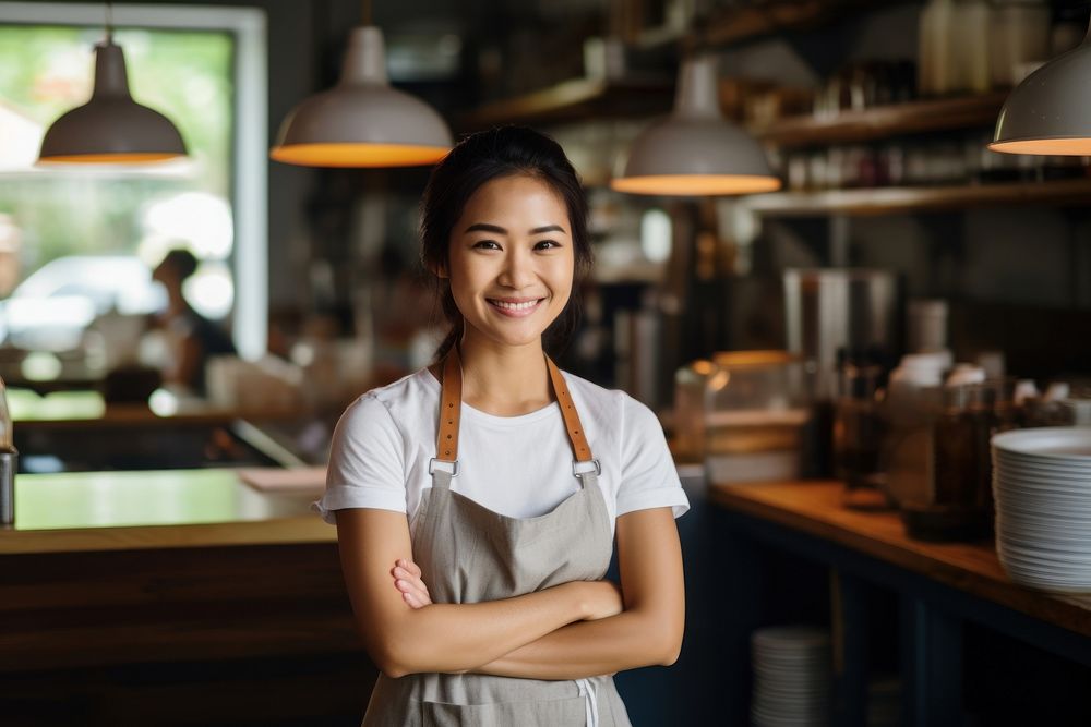 Vietnamese smiling apron cafe. AI generated Image by rawpixel.