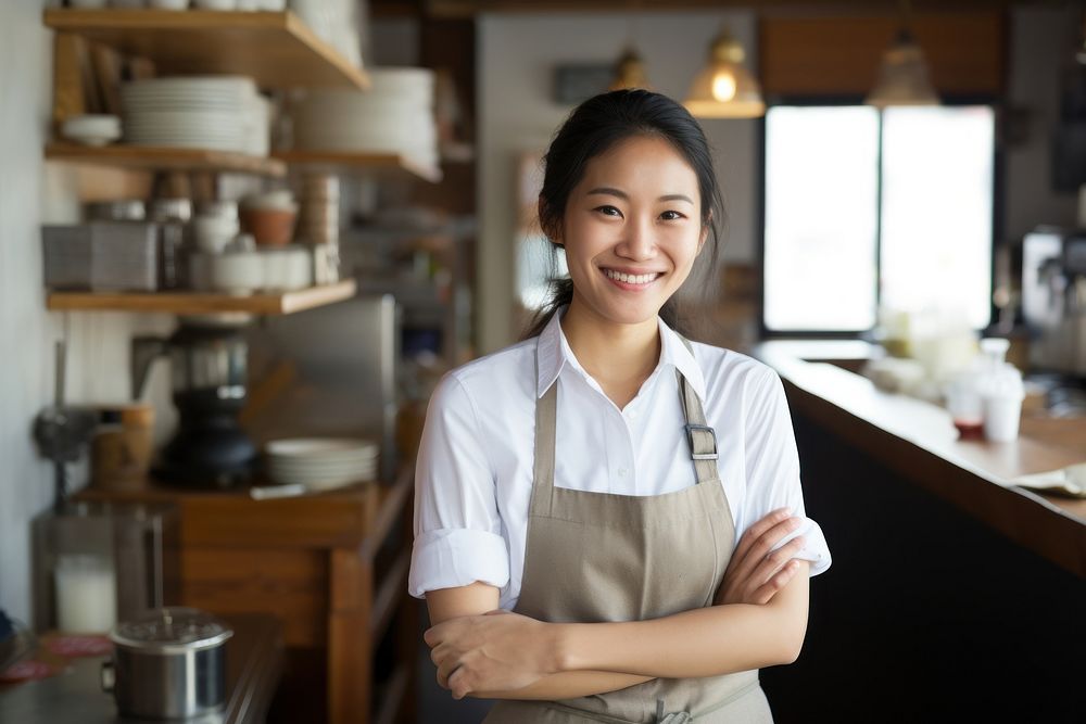 Vietnamese smiling apron cafe. AI generated Image by rawpixel.