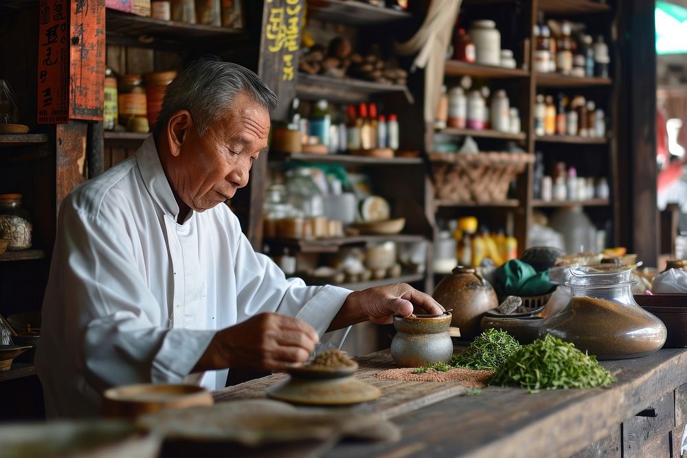 Man on preparing traditional medicine adult store food. AI generated Image by rawpixel.