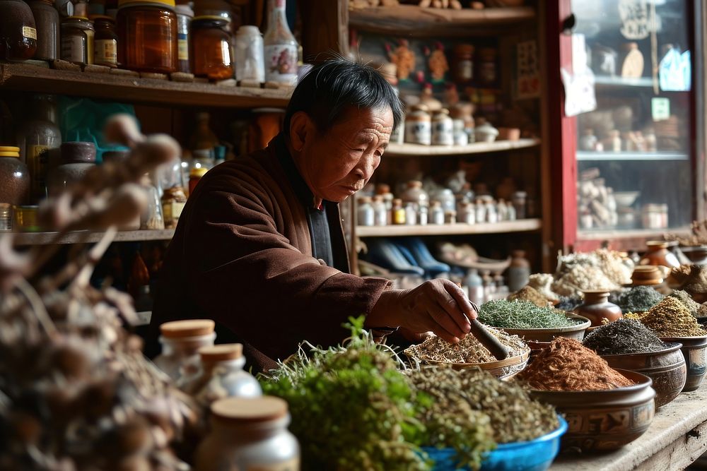 Man on preparing traditional medicine store adult concentration. AI generated Image by rawpixel.