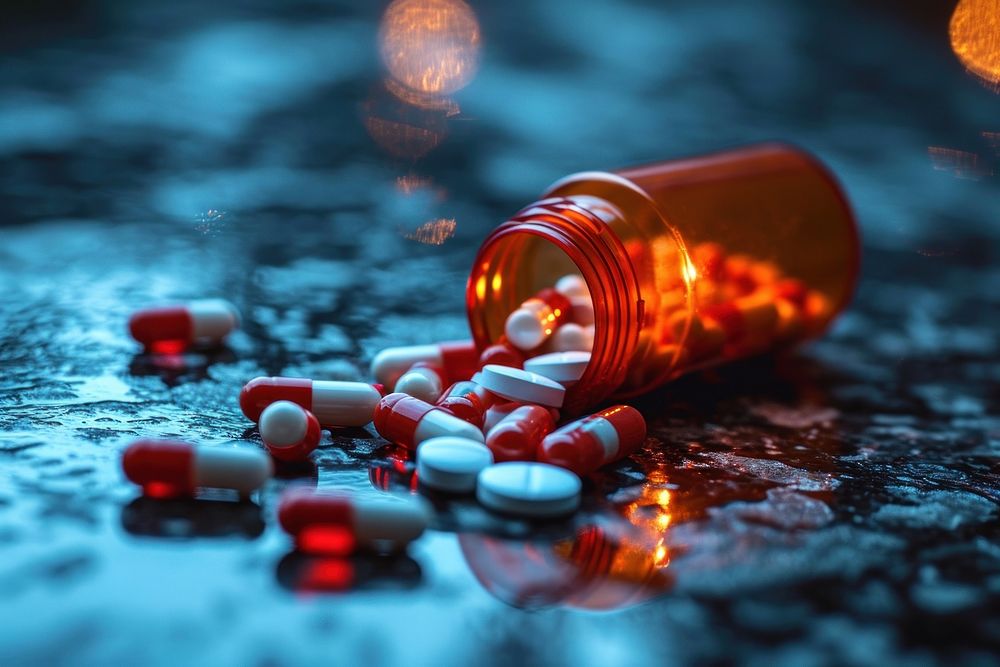 Medicine capsules left lying on table pill bottle illuminated. AI generated Image by rawpixel.