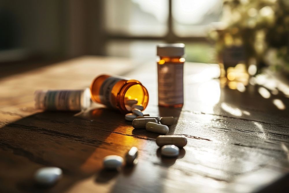 Medicine capsules left lying on table pill bottle medication. AI generated Image by rawpixel.