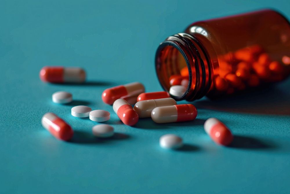 Medicine capsules left lying on table pill bottle antioxidant. AI generated Image by rawpixel.