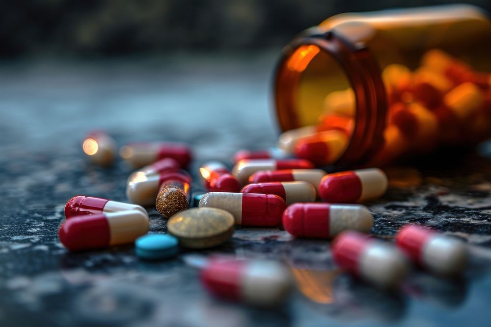 Medicine capsules left lying on table pill medication container. AI generated Image by rawpixel.