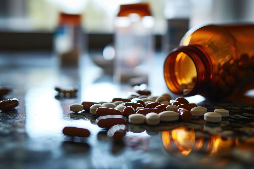 Medicine capsules left lying on table pill bottle medication. AI generated Image by rawpixel.