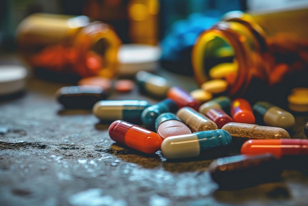 Medicine capsules left lying on table pill medication variation. AI generated Image by rawpixel.