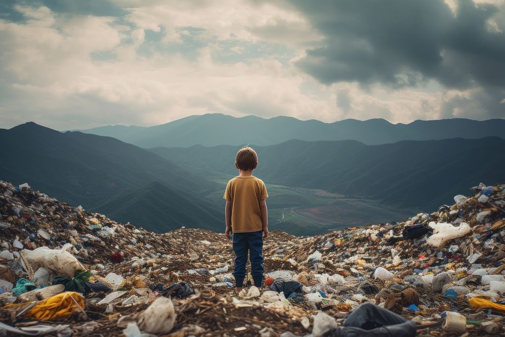 Child facing a mountain of garbage tranquility landscape pollution. AI generated Image by rawpixel.