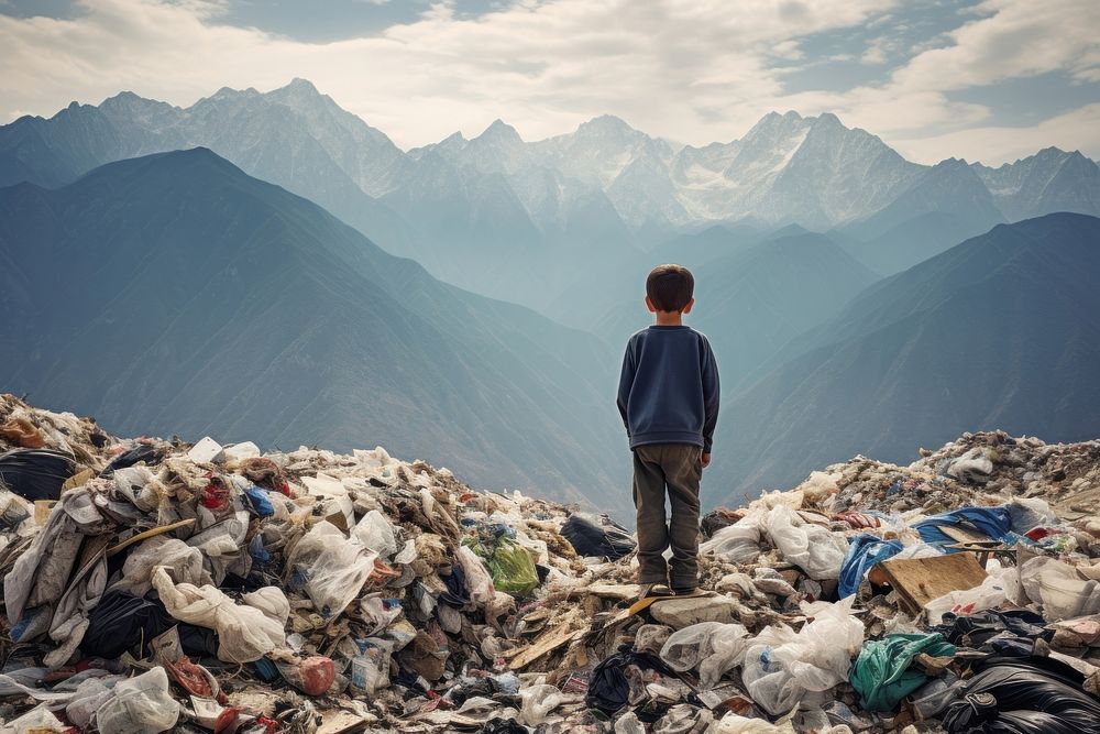 Child facing a mountain of garbage mountaineering backpacking wilderness. AI generated Image by rawpixel.