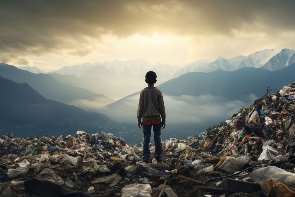 Child facing a mountain of garbage tranquility landscape pollution. AI generated Image by rawpixel.