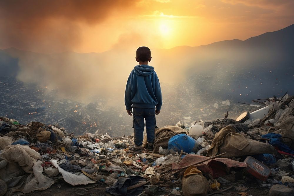 Child facing a mountain of garbage unhygienic sweatshirt landscape. AI generated Image by rawpixel.
