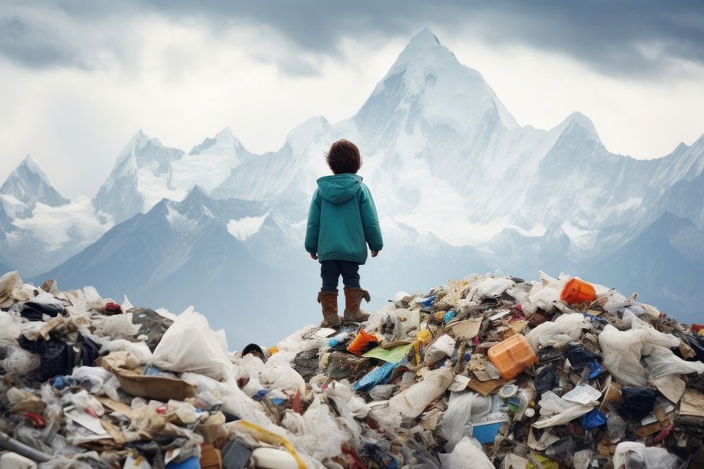 Child facing a mountain of garbage walking sweatshirt landscape. AI generated Image by rawpixel.