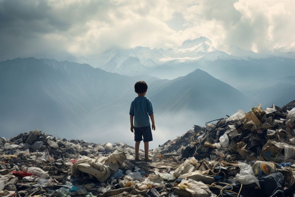 Child facing a mountain of garbage tranquility wilderness landscape. AI generated Image by rawpixel.