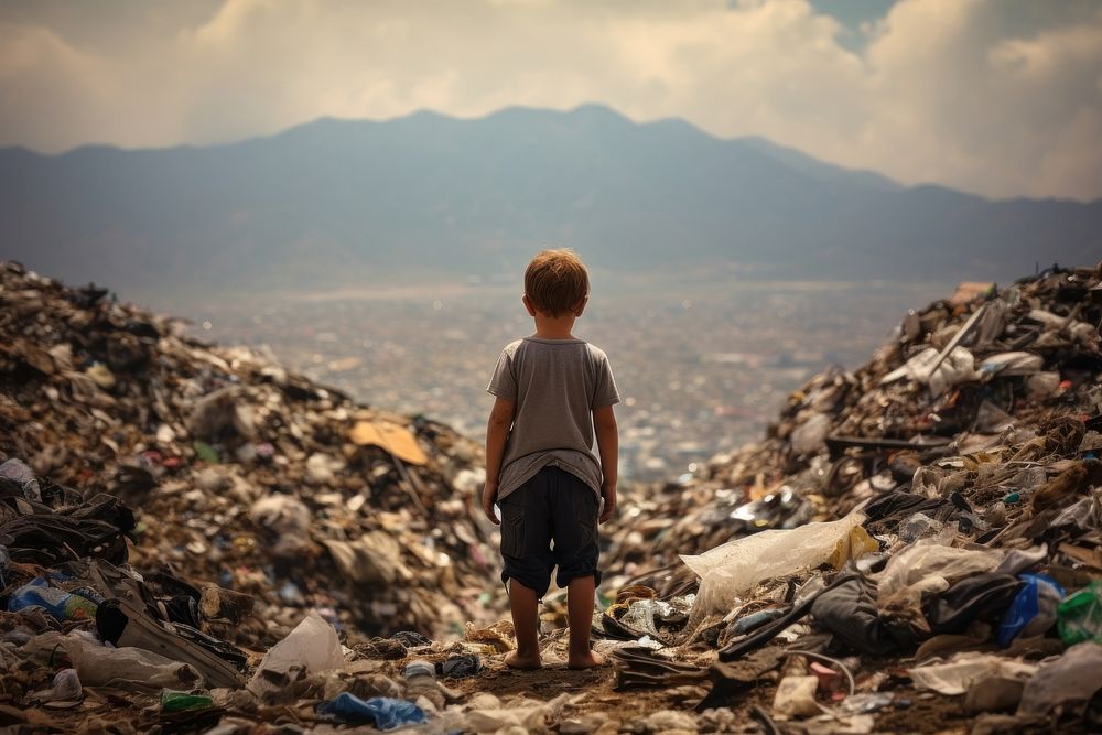 Child facing a mountain of garbage landscape pollution portrait. AI generated Image by rawpixel.