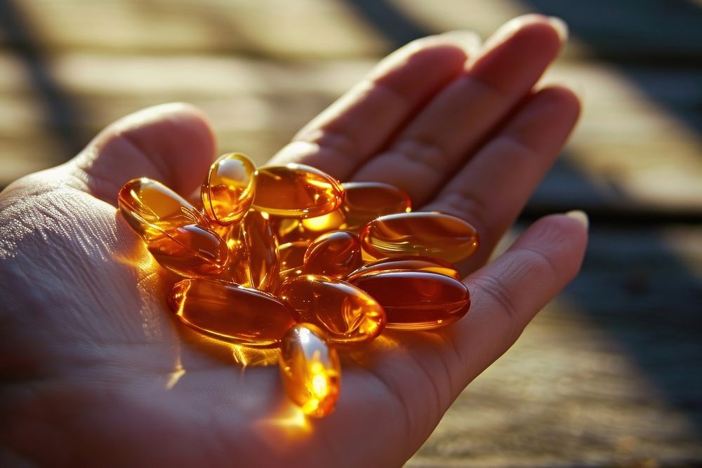 Fish oil pills holding hand medication. AI generated Image by rawpixel.