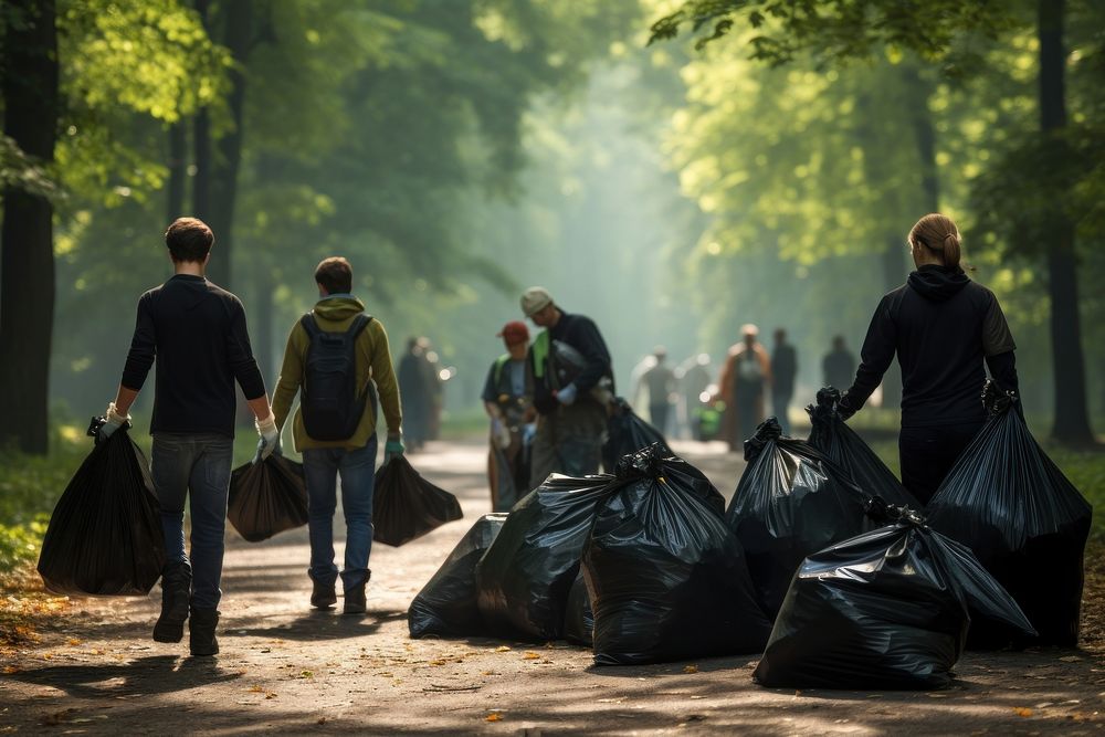 People holding garbage bags backpack walking adult. AI generated Image by rawpixel.