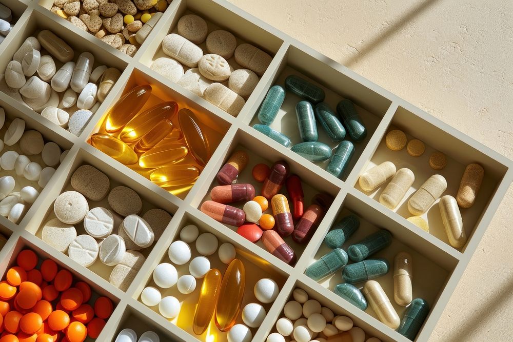 Various pills vitamin arrangement medication. AI generated Image by rawpixel.