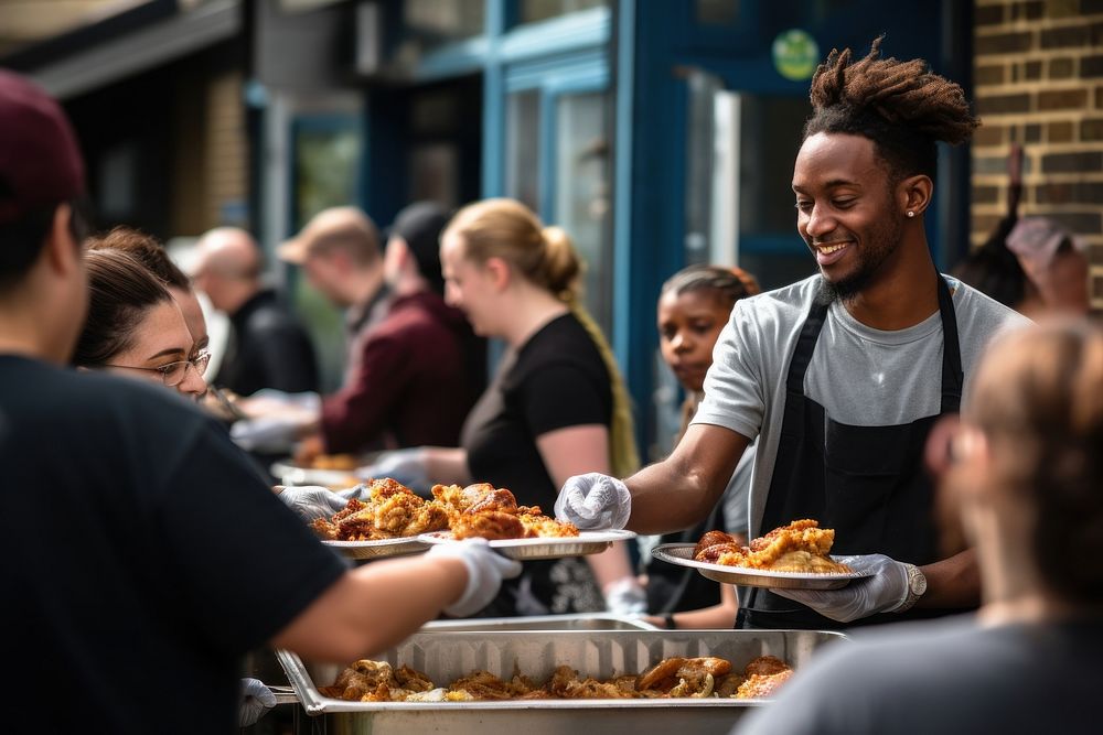 Volunteers serving food restaurant adult togetherness. 