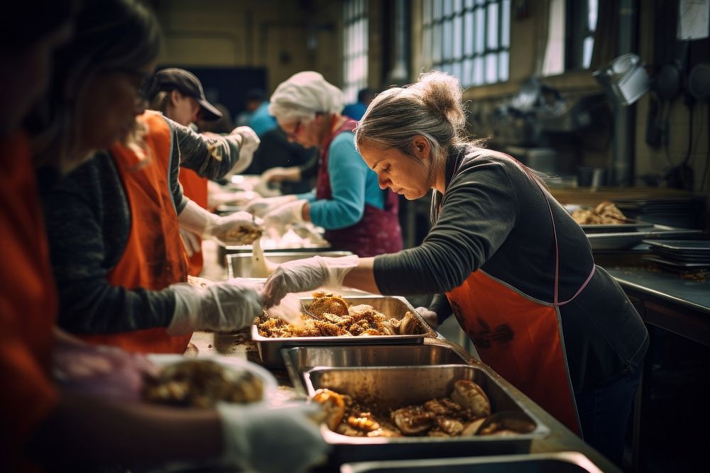 Volunteers serving food bread adult cooperation. AI generated Image by rawpixel.