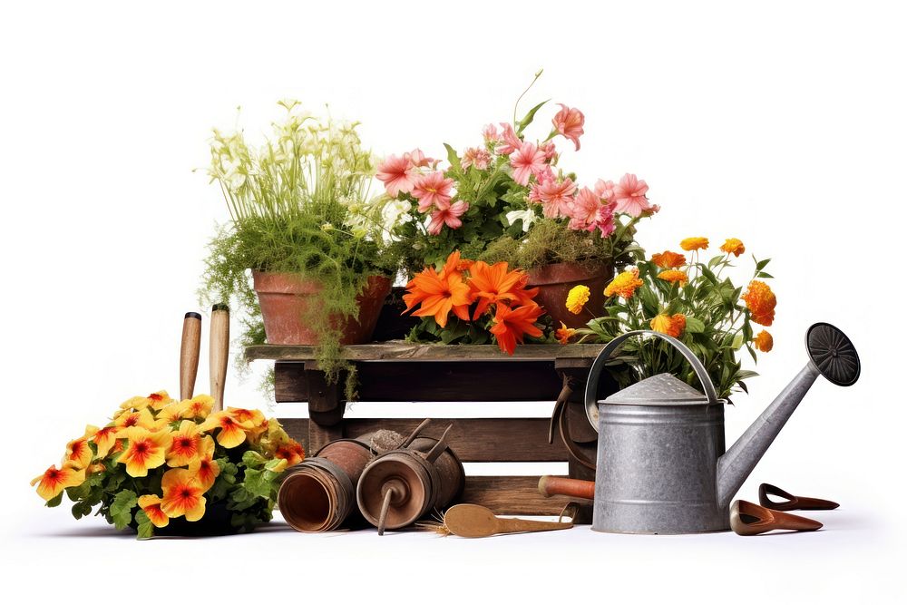 Gardening Equipment and flowers gardening plant white background. AI generated Image by rawpixel.