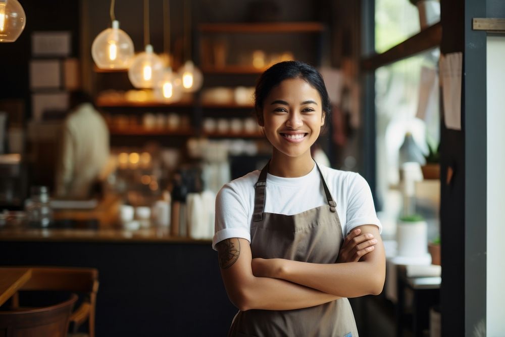 Thai smiling apron cafe. AI generated Image by rawpixel.