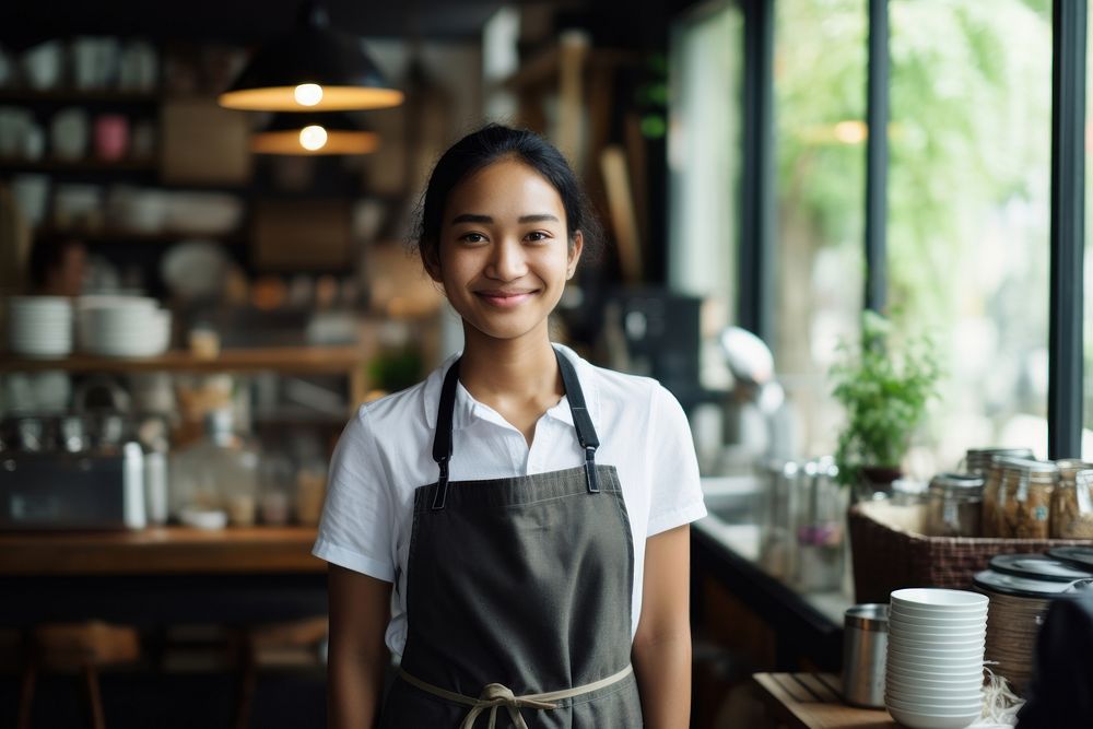 Thai smiling apron cafe. AI generated Image by rawpixel.