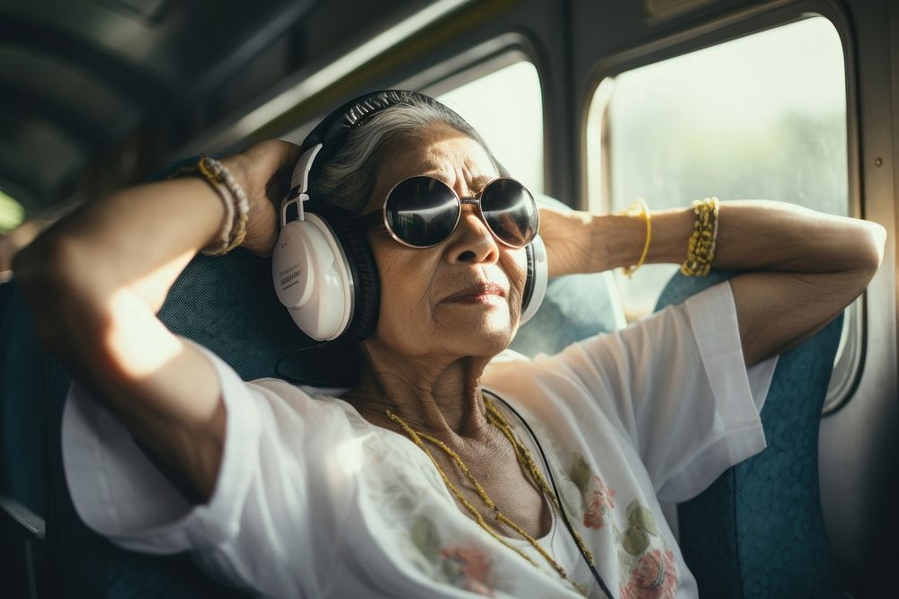 Old thai woman sitting on a train headphones headset adult. AI generated Image by rawpixel.
