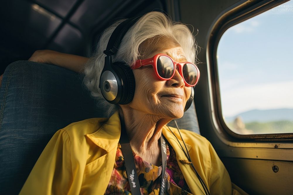Old thai woman sitting on a train headphones photography sunglasses. AI generated Image by rawpixel.