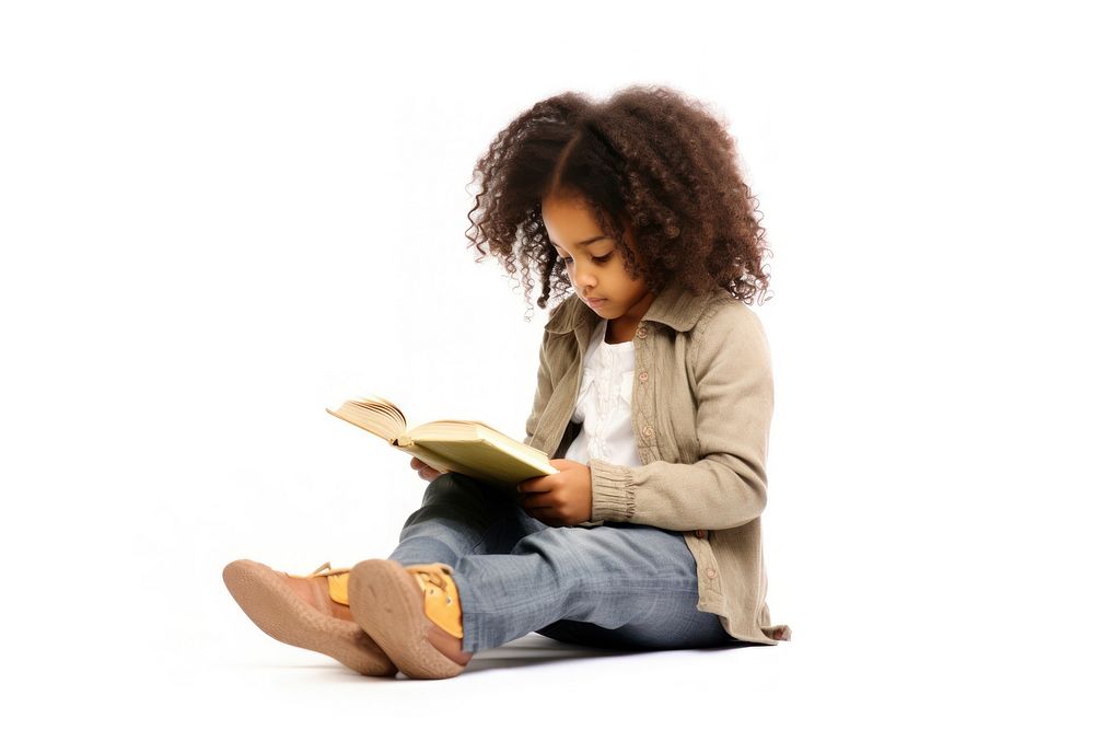 African-american girl reading book sitting child white background. AI generated Image by rawpixel.