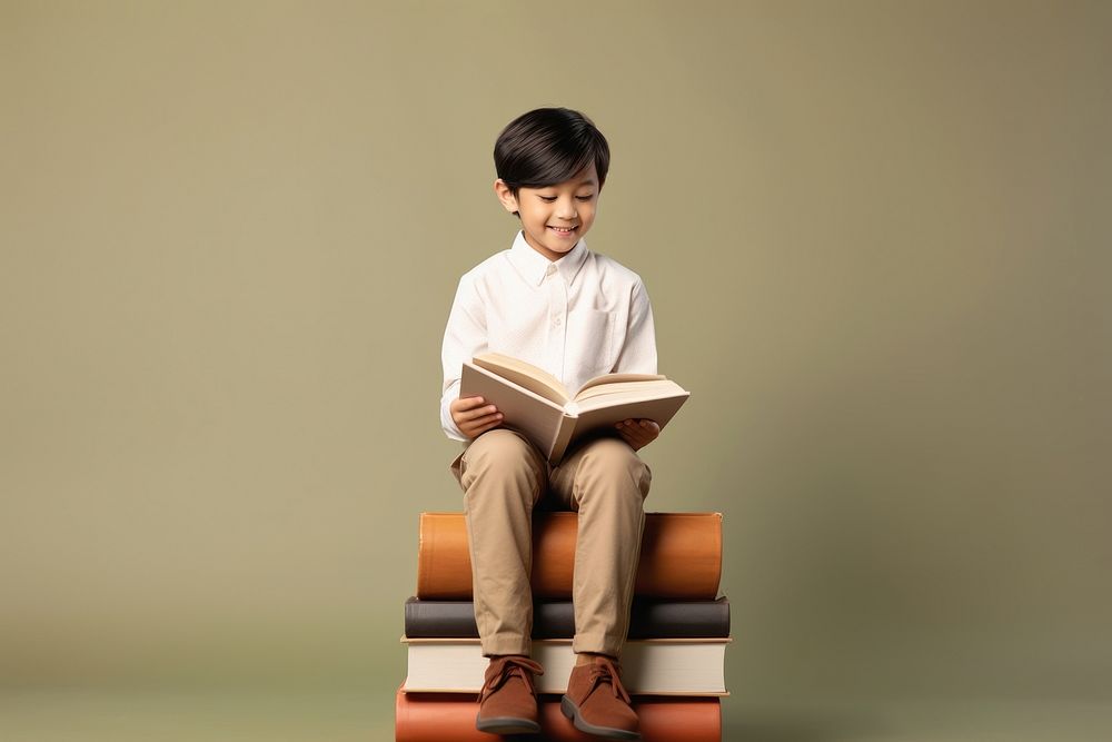 Asian boy reading book sitting publication child. AI generated Image by rawpixel.