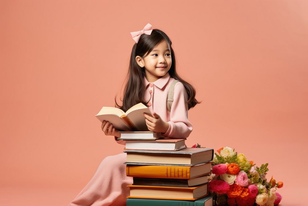 Asian girl reading book publication sitting student. AI generated Image by rawpixel.