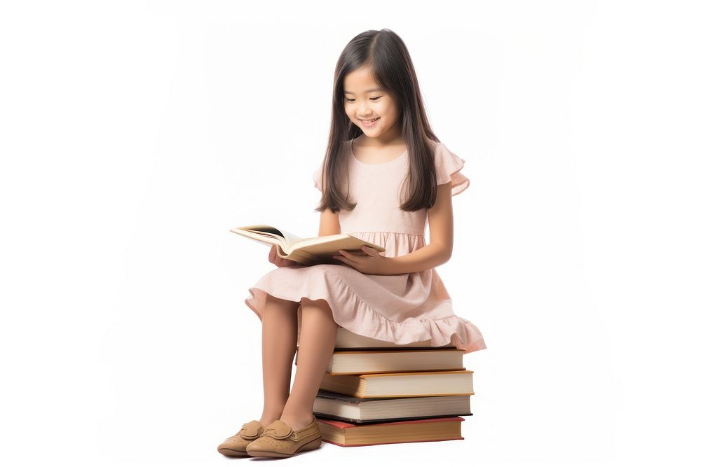 Asian girl reading book sitting publication child. AI generated Image by rawpixel.