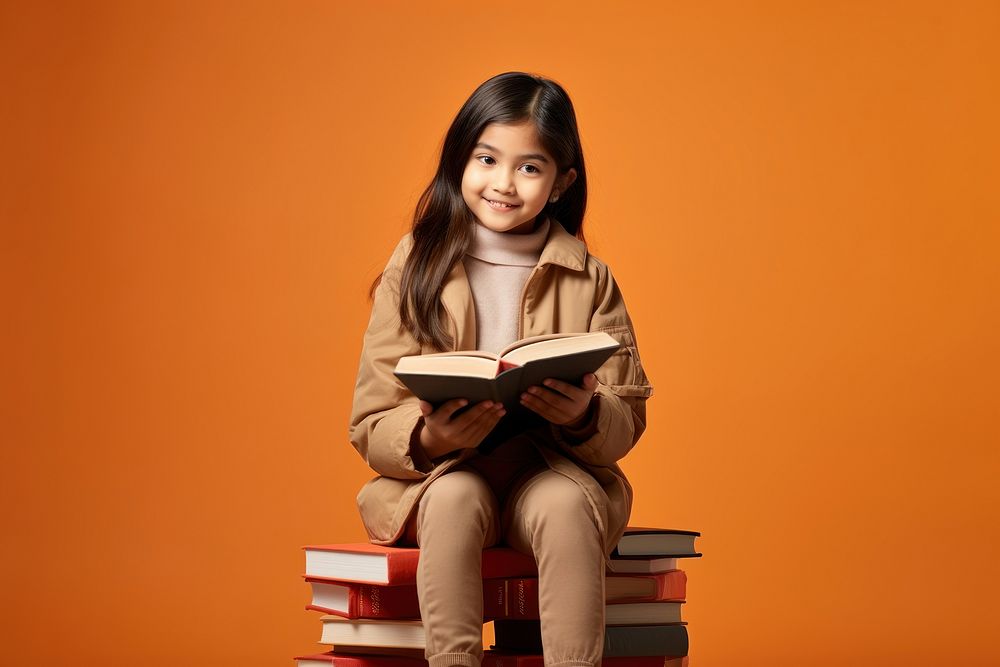 Asian girl reading book sitting intelligence cross-legged. AI generated Image by rawpixel.