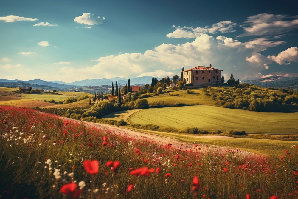 Scene of flowers and a farm architecture countryside landscape. AI generated Image by rawpixel.