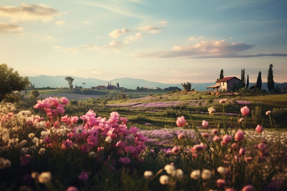 Scene of flowers and a farm countryside landscape grassland. AI generated Image by rawpixel.